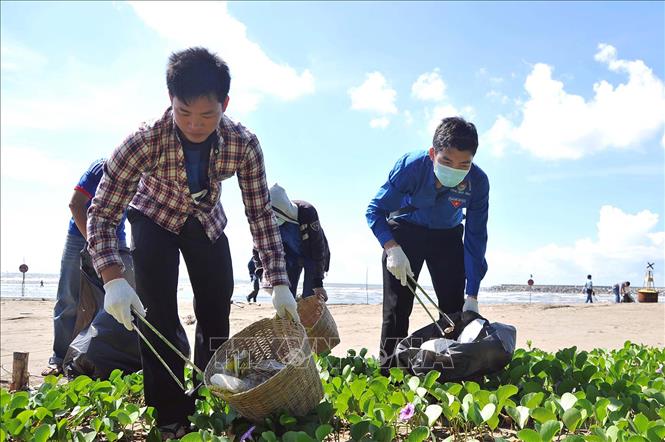 Trong ảnh: Đoàn viên thanh niên tình nguyện Khối công nhân lao động TP. Hồ Chí Minh tham gia trồng rừng tại khu vực rừng phòng hộ Cần Giờ. Ảnh: An Hiếu - TTXVN