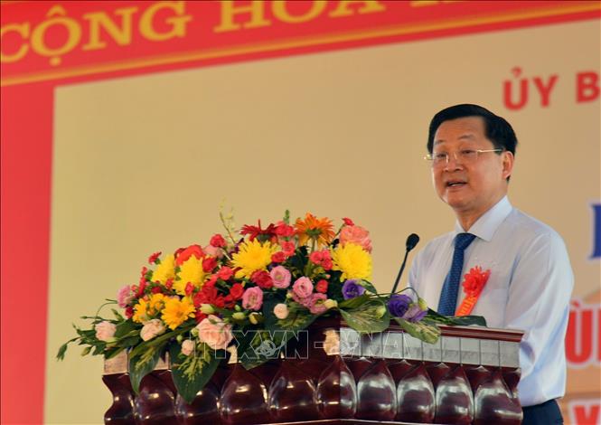 Bí thư Trung ương Đảng, Phó Thủ tướng Chính phủ Lê Minh Khái phát biểu tại lễ khánh thành đền thờ. Ảnh: Lê Huy Hải - TTXVN