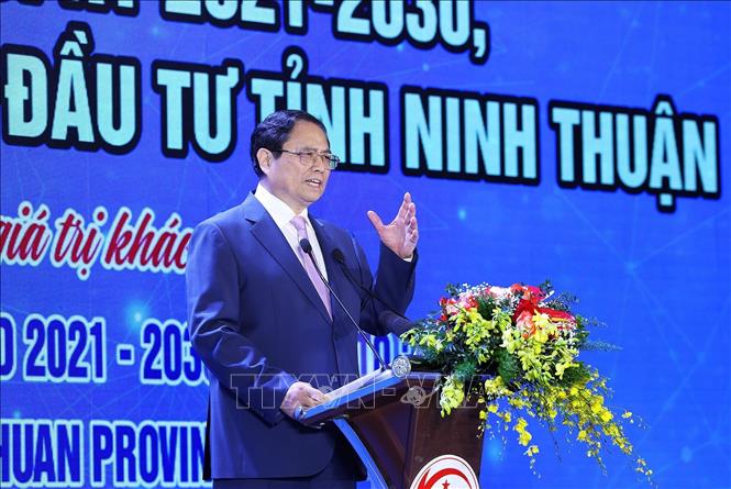 Thủ tướng Phạm Minh Chính phát biểu tại Hội nghị công bố quy hoạch tỉnh Ninh Thuận. Ảnh: Dương Giang-TTXVN