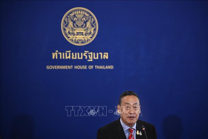 (Tư liệu) Thủ tướng Thái Lan Srettha Thavisin phát biểu tại cuộc họp báo ở thủ đô Bangkok ngày 10/4/2024. Ảnh: AFP/TTXVN