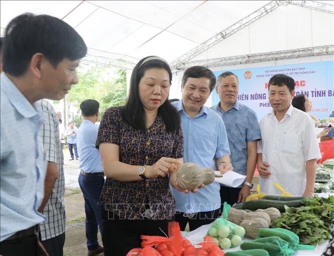 Các đại biểu tham quan gian hàng tại Chợ phiên nông sản an toàn tỉnh Bắc Ninh năm 2024. Ảnh: Đỗ Huyền - TTXVN