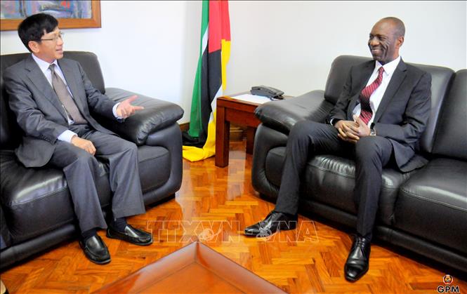 Trong ảnh: Thủ tướng Mozambique Carlos Agostinho do Rosario tiếp thân mật Đại sứ Lê Huy Hoàng. Ảnh: TTXVN 
