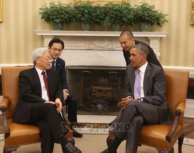 Trong ảnh: Tổng Bí thư Nguyễn Phú Trọng hội đàm với Tổng thống Hợp chủng quốc Hoa Kỳ Barack Obama trong chuyến thăm chính thức Hoa Kỳ ngày 5 -12/7/2015. Ảnh: Trí Dũng - TTXVN
