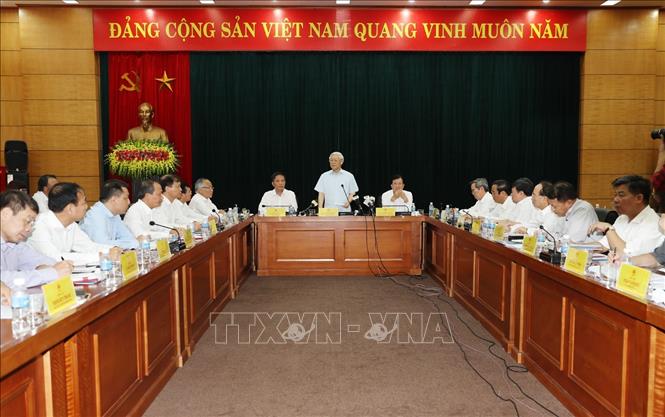 Trong ảnh : Tổng Bí thư Nguyễn Phú Trọng phát biểu chỉ đạo tại buổi làn việc với Bộ Công thương. Ảnh : Trí Dũng - TTXVN