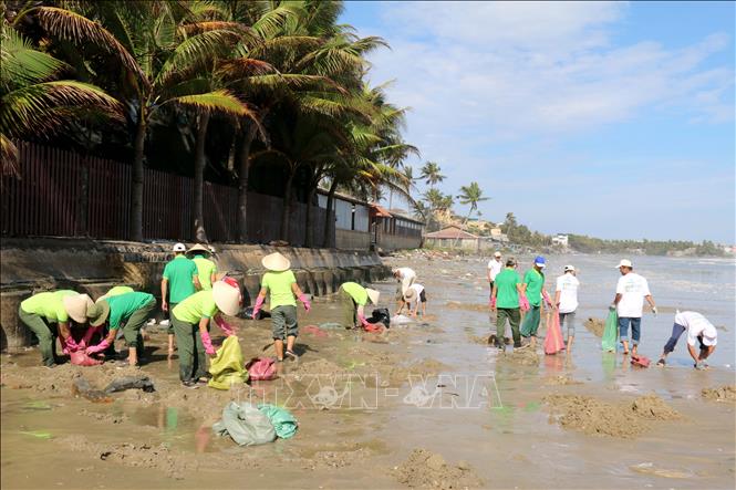 Trong ảnh: Đông đảo người dân, du khách tham gia dọn rác khu vực biển Mũi Né. Ảnh: Nguyễn Thanh - TTXVN