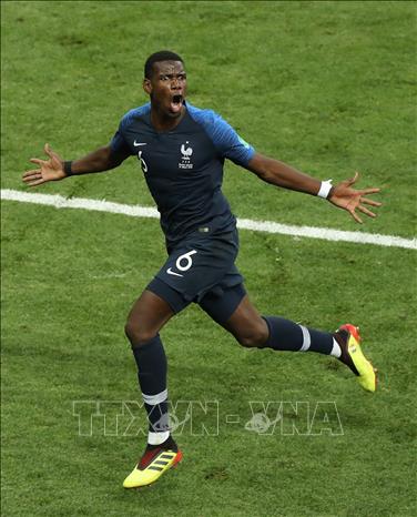 Trong ảnh: Cầu thủ Pháp Paul Pogba mừng bàn thắng vào lưới Croatia trong trận chung kết World Cup 2018 ở Moskva, Nga ngày 15/7. Ảnh: THX/ TTXVN