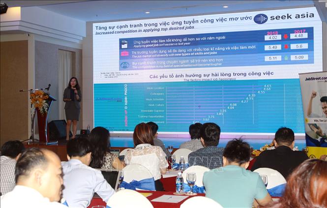 Trong ảnh: Bà Nguyễn Thị Thu Trang, Giám đốc điều hành JobStreet.com giới thiệu “Chiến lược trọng điểm tăng tốc triển vọng thị trường việc làm Việt Nam 2018”. Ảnh: Thanh Vũ-TTXVN
