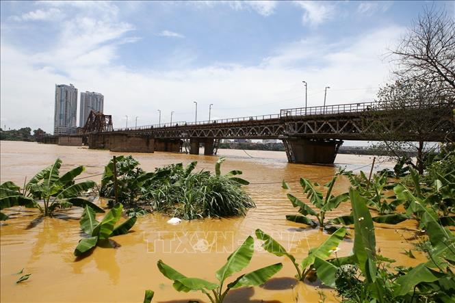 Trong ảnh: Mưa lớn ở thượng nguồn đổ về khiến mực nước sông Hồng lên cao, bãi giữa sông Hồng (Hà Nội) mênh mông nước (ảnh chụp 22/7/2018). Ảnh: Minh Quyết – TTXVN