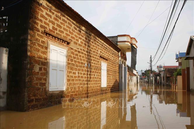 Trong ảnh: Hơn 100 hộ dân ở làng Bùi Xá đang ngập chìm trong nước. Ảnh: Thanh Tùng-TTXVN
