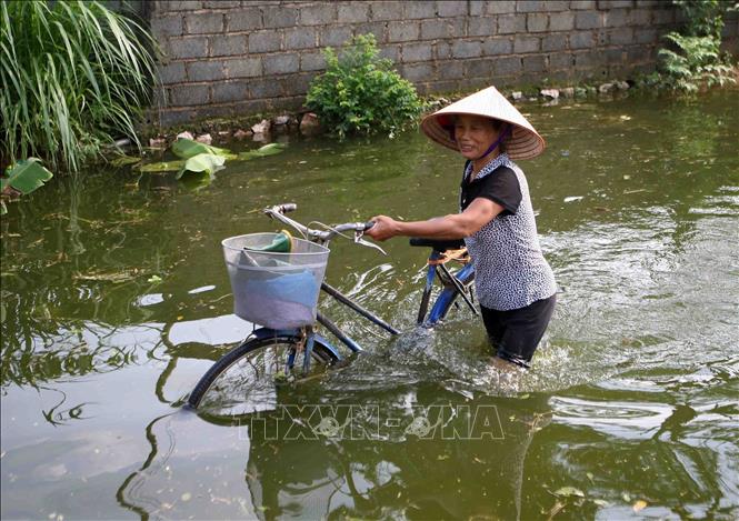 Trong ảnh: Người dân xã Tân Tiến, huyện Chương Mỹ (Hà Nội) đi lại khó khăn vì nước ngập sâu. Ảnh: Thanh Tùng - TTXVN