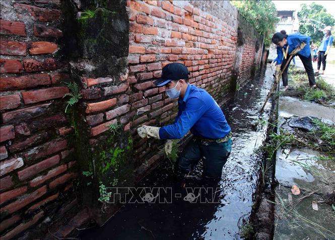 Trong ảnh: Sinh viên tình nguyện vệ sinh, khơi thông dòng chảy tại thôn Nghi Xuyên, xã Chí Tân, huyện Khoái Châu. Ảnh: Phạm Kiên - TTXVN