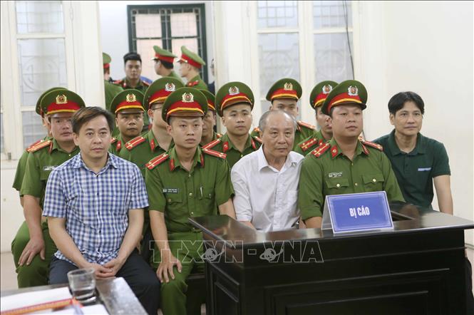 Trong ảnh: Bị cáo Phan Văn Anh Vũ (áo caro, bên trái), bị cáo Phan Hữu Tuấn (áo trắng, giữa) và bị cáo Nguyễn Hữu Bách (áo sẫm, bên phải) tại phiên tòa. Ảnh: Doãn Tấn - TTXVN