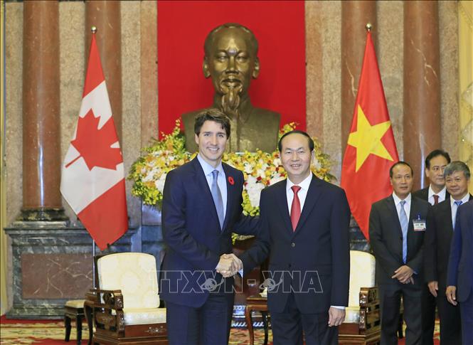 Trong ảnh: Chủ tịch nước Trần Đại Quang tiếp Thủ tướng Canada Justin Trudeau, tối 8/11/2017, tại Hà Nội. Ảnh: Nhan Sáng-TTXVN