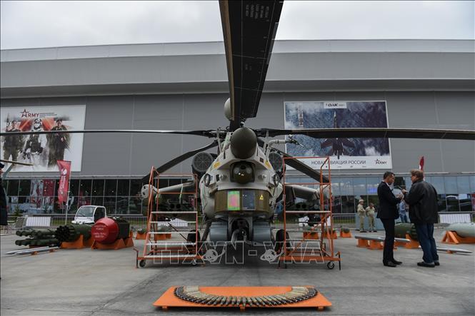 Trong ảnh: Máy bay trực thăng MI-28 được giới thiệu tại Diễn đàn Công nghiệp quốc phòng Army-2018 ở thị trấn Kubinka, ngoại ô thủ đô Moskva ngày 21/8. Ảnh: THX/TTXVN
