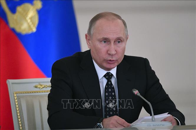 Trong ảnh: Tổng thống Nga Vladimir Putin phát biểu trong một cuộc họp tại thủ đô Moskva. Ảnh: AFP/ TTXVN