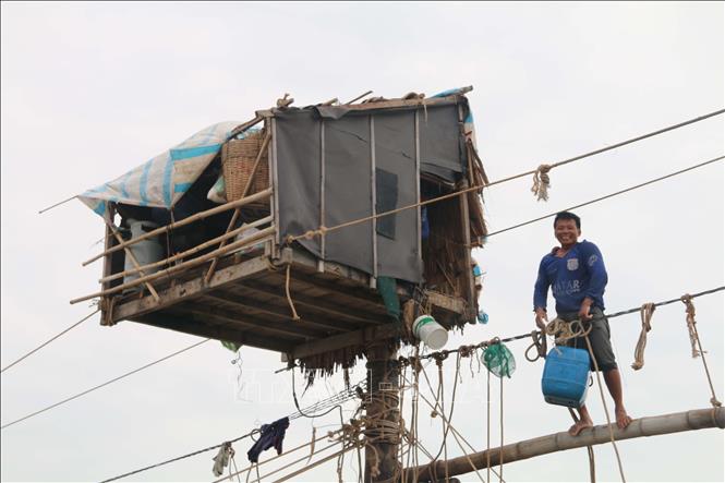 Trong ảnh: Chòi đáy, nơi ăn nghỉ của những người làm nghề đóng đáy. Ảnh: Phúc Sơn - TTXVN
