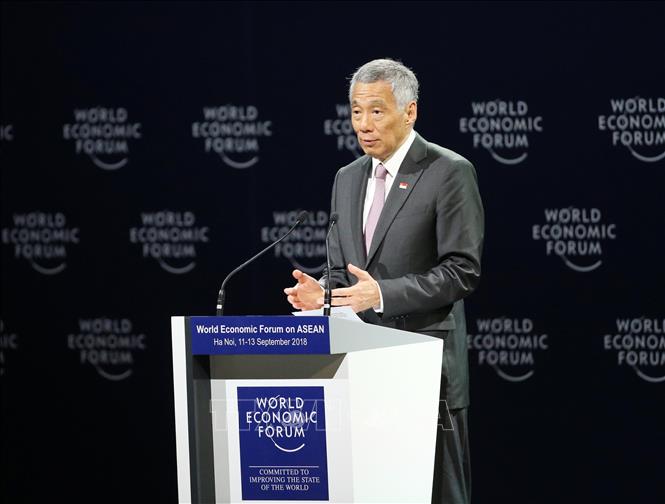 Trong ảnh: Thủ tướng Singapore Lý Hiển Long phát biểu tại Phiên khai mạc toàn thể WEF ASEAN 2018. Ảnh: Lâm Khánh – TTXVN