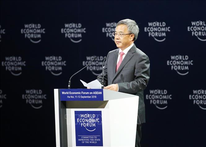 Trong ảnh: Ủy viên Bộ Chính trị, Phó Thủ tướng Quốc vụ viện Trung Quốc Hồ Xuân Hoa phát biểu tại Phiên khai mạc toàn thể WEF ASEAN 2018. Ảnh: Lâm Khánh – TTXVN