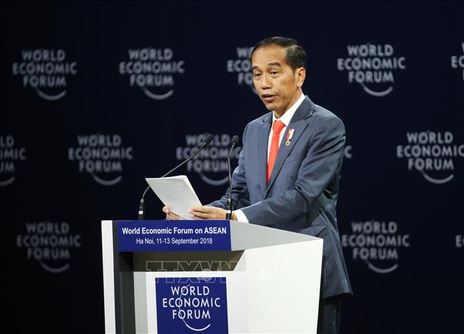 Trong ảnh: Tổng thống Indonesia Joko Widodo phát biểu tại Phiên khai mạc toàn thể WEF ASEAN 2018. Ảnh: Lâm Khánh – TTXVN