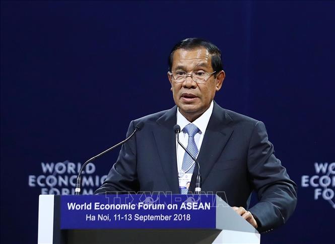 Trong ảnh: Thủ tướng Chính phủ Hoàng gia Campuchia Samdech Techo Hunsen phát biểu tại Phiên khai mạc toàn thể WEF ASEAN 2018.  Ảnh: Thống Nhất – TTXVN

