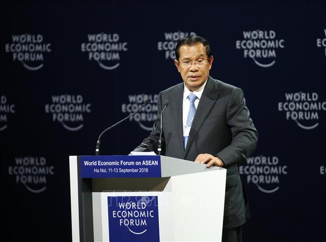 Trong ảnh: Thủ tướng Chính phủ Hoàng gia Campuchia Samdech Techo Hunsen phát biểu tại Phiên khai mạc toàn thể WEF ASEAN 2018. Ảnh: Lâm Khánh – TTXVN