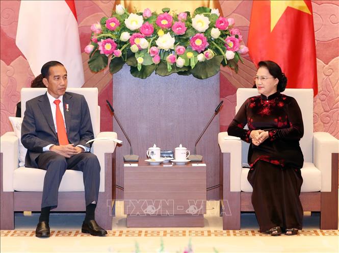 Photo: National Assembly Chairwoman Nguyen Thi Kim Ngan (R) receives Indonesian President Joko Widodo. VNA Photo:Trọng Đức