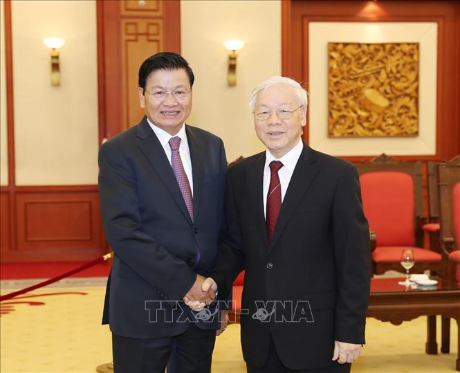 Trong ảnh:  Tổng Bí thư Nguyễn Phú Trọng tiếp Thủ tướng Lào Thongloun Sisoulith . Ảnh: Trí Dũng – TTXVN