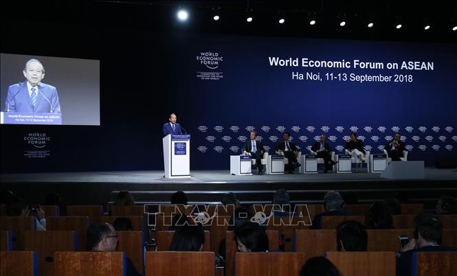 Trong ảnh: Phó Thủ tướng Thường trực Trương Hòa Bình phát biểu tại phiên bế mạc WEF ASEAN 2018. Ảnh: Lâm Khánh – TTXVN