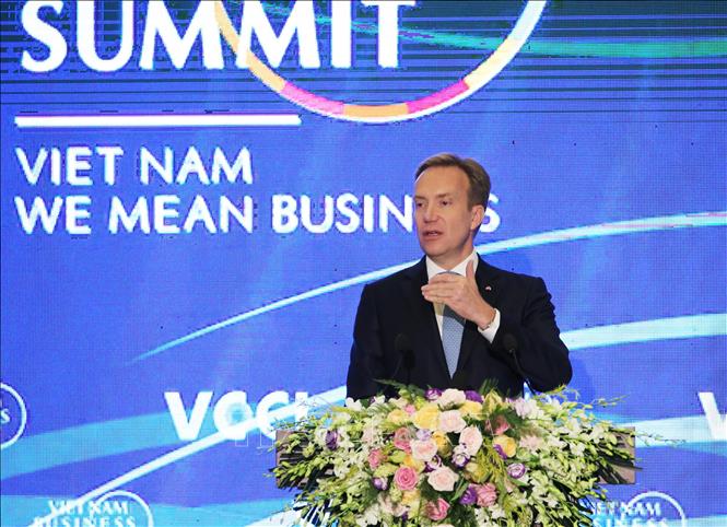 Trong ảnh: Chủ tịch Diễn đàn Kinh tế thế giới (WEF) Borge Brende phát biểu tại hội nghị VBS 2018. Ảnh: Lâm Khánh - TTXVN
