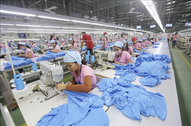 Trong ảnh: Dây chuyền sản xuất hàng may mặc xuất khẩu tại Công ty TNHH MTV Panko Vina, vốn đầu tư của Hàn Quốc tại khu công nghiệp Tam Thăng (Quảng Nam). Ảnh: Danh Lam – TTXVN