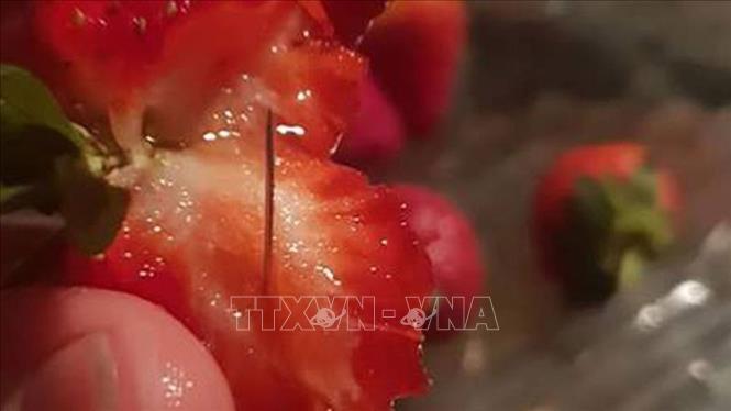 Trong ảnh: Hình ảnh đăng trên facebook của một người dân ở bang New South Wales sau khi phát hiện kim khâu trong dâu tươi. Ảnh: Chantal Faugeras - Facebook/ TTXVN