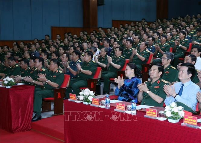 Photo: National Assembly Chairwoman Nguyen Thi Kim Ngan (first row, third from right) and delegates at the Academy's new school year opening ceremony. VNA Photo: Trọng Đức