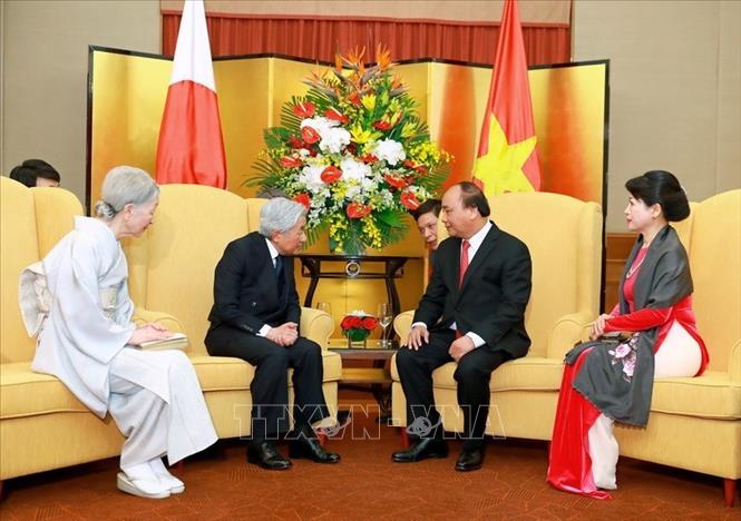 Trong ảnh: Chiều 2/3/2017, tại Hà Nội, Thủ tướng Nguyễn Xuân Phúc và Phu nhân hội kiến với Nhà vua Nhật Bản Akihito và Hoàng hậu Michiko đang có chuyến thăm cấp Nhà nước tới Việt Nam. Ảnh: Thống Nhất-TTXVN