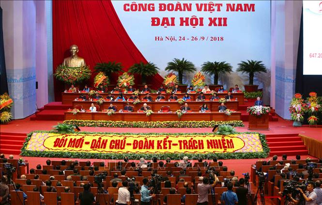 Trong ảnh: Quang cảnh Phiên trọng thể Đại hội Công đoàn Việt Nam lần thứ XII. Ảnh: TTXVN