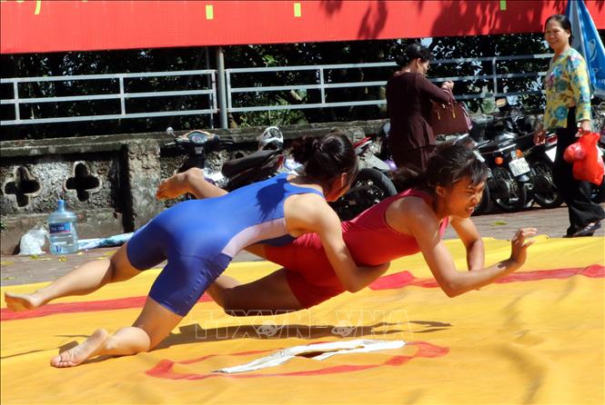 Trong ảnh: Thi đấu vật truyền thống tại Lễ hội truyền thống đền Trần - Nam Định. Ảnh: Nguyễn Lành - TTXVN