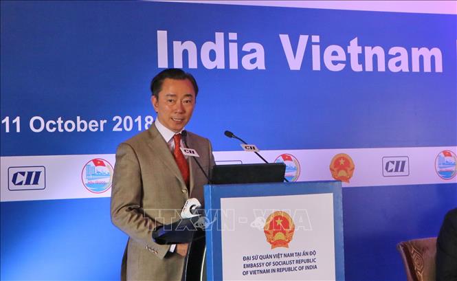 Trong ảnh: Đại sứ Việt Nam tại Ấn Độ Phạm Sanh Châu phát biểu tại diễn đàn. Ảnh: Huy Lê - P/v TTXVN tại Ấn Độ     