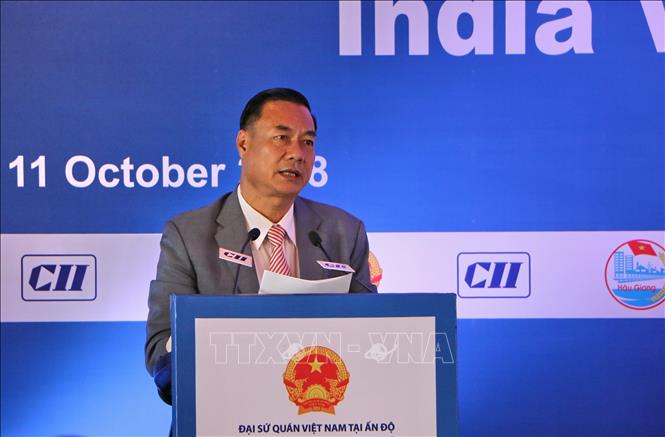 Trong ảnh: Chủ tịch HĐND tỉnh Hậu Giang Huỳnh Thanh Tạo phát biểu tại diễn đàn. Ảnh: Huy Lê - P/v TTXVN tại Ấn Độ   