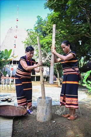 Trong anh: Ngay từ sáng sớm những người phụ nữ trong buôn làng người Xơ Đăng bắt đầu giã gạo để nấu cơm nếp phục vụ cho ngày lễ. Ảnh: Trọng Đạt - TTXVN