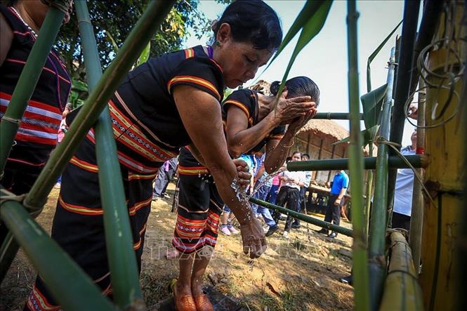 Trong ảnh: Sau khi già làng cúng xong sẽ khơi thông giọt nước và các cô gái Xơ Đăng sẽ hứng những giọt nước đầu nguồn về với máng nước của buôn làng rửa mặt với ước mong được thần nước phù hộ.  Ảnh: Trọng Đạt - TTXVN
