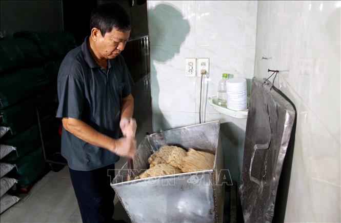 Trong ảnh: Nguyên liệu là gạo nếp, gấc, vừng, lạc…được nấu chín và trộn đều trước khi đổ ra khuôn. Ảnh: Thế Duyệt – TTXVN