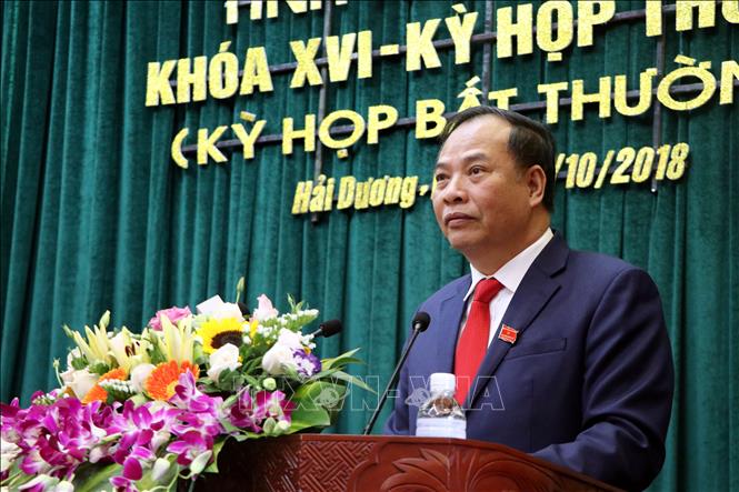 Trong ảnh: Bí thư Tỉnh ủy, Chủ tịch HĐND tỉnh Hải Dương Nguyễn Mạnh Hiển phát biểu tại Kỳ họp. Ảnh: Mạnh Tú - TTXVN