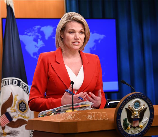 Trong ảnh: Người phát ngôn Bộ Ngoại giao Mỹ Heather Nauert trong cuộc họp báo tại Washington DC., ngày 2/10/2018. Ảnh: THX/ TTXVN