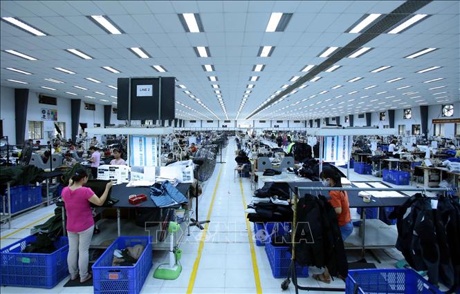 Trong ảnh: Sản xuất các mặt hàng may mặc xuất khẩu tại Công ty TNHH Kydo Việt Nam có vốn đầu tư Hàn Quốc (Khu Công nghiệp Phố nối A, Hưng Yên). Ảnh: Phạm Kiên - TTXVN