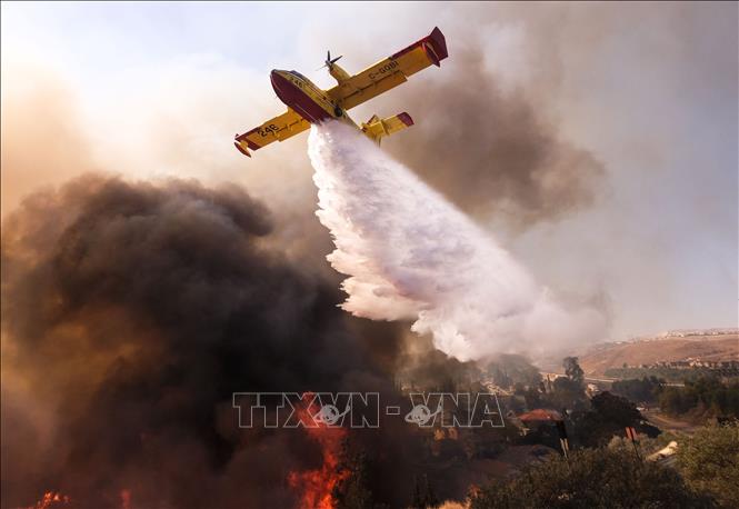 Trong ảnh: Máy bay cứu hỏa nỗ lực dập lửa cháy rừng tại thung lũng Simi, California, Mỹ ngày 12/11/2018. Ảnh: THX/ TTXVN