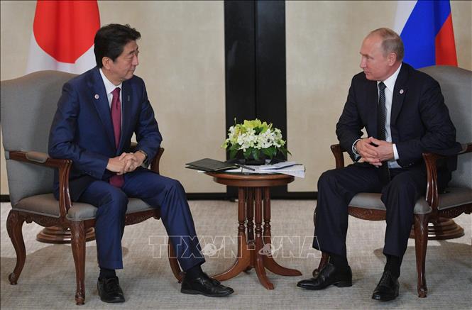 Trong ảnh: Thủ tướng Nhật Bản Shinzo Abe (trái) trong cuộc gặp Tổng thống Nga Vladimir Putin (phải) tại Singapore ngày 14/11/2018. Ảnh: AFP/ TTXVN
