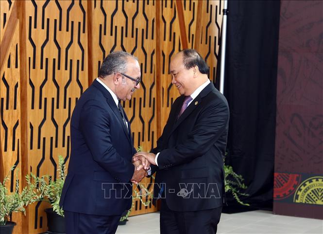 Trong ảnh: Thủ tướng Papua New Guinea Peter O'Neill (bên trái), Chủ tịch APEC 26 đón Thủ tướng Nguyễn Xuân Phúc đến dự Hội nghị Cấp cao APEC lần thứ 26. Ảnh: Thống Nhất - TTXVN