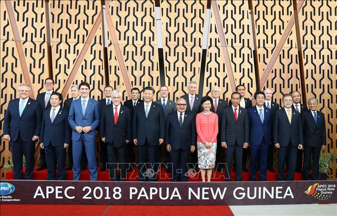 Trong ảnh: Thủ tướng Nguyễn Xuân Phúc (hàng sau, ngoài cùng bên phải) và các Nhà lãnh đạo APEC chụp ảnh chung. Ảnh: Thống Nhất - TTXVN