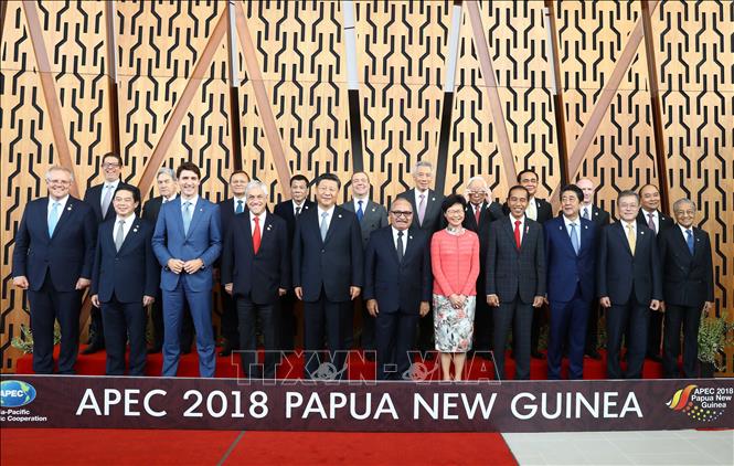 Trong ảnh: Thủ tướng Nguyễn Xuân Phúc (hàng sau, ngoài cùng bên phải) và các Nhà lãnh đạo APEC chụp ảnh chung. Ảnh: Thống Nhất - TTXVN