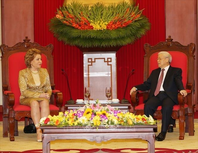 Trong ảnh: Tổng Bí thư Nguyễn Phú Trọng tiếp Chủ tịch Hội đồng Liên bang của Liên bang Nga, Bà Valentina Matviyenko thăm chính thức Việt Nam, sáng 22/2/2017, tại Hà Nội. Ảnh: Trí Dũng-TTXVN