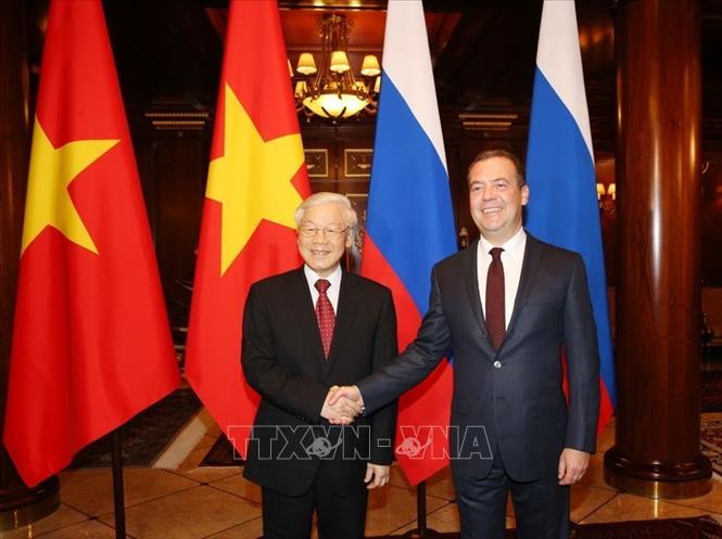 Trong ảnh: Tổng Bí thư Nguyễn Phú Trọng hội kiến Thủ tướng Dmitry Medvedev trong chuyến thăm chính thức Liên bang Nga, chiều 5/9/2018, tại Moskva. Ảnh: Trí Dũng – TTXVN